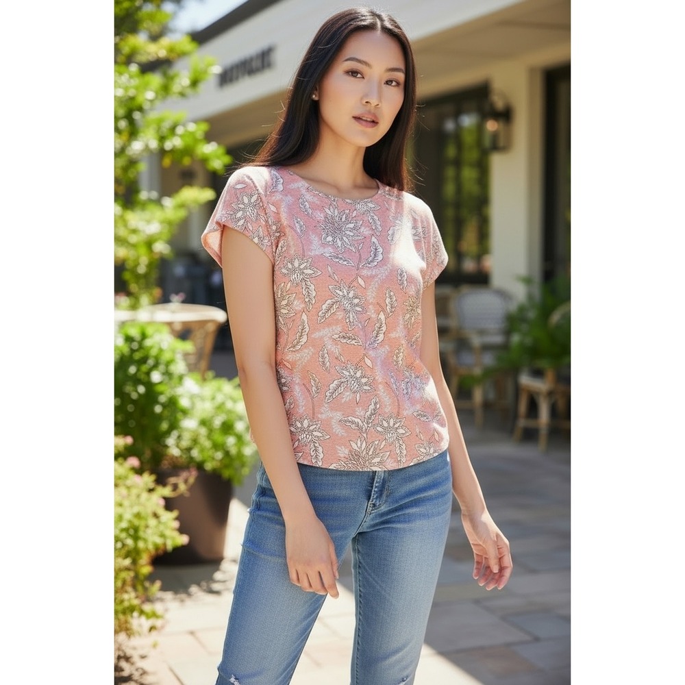 Rachel Zoe Womens 100% Linen Floral Print Short Sleeve Top Peach Coral Sz M